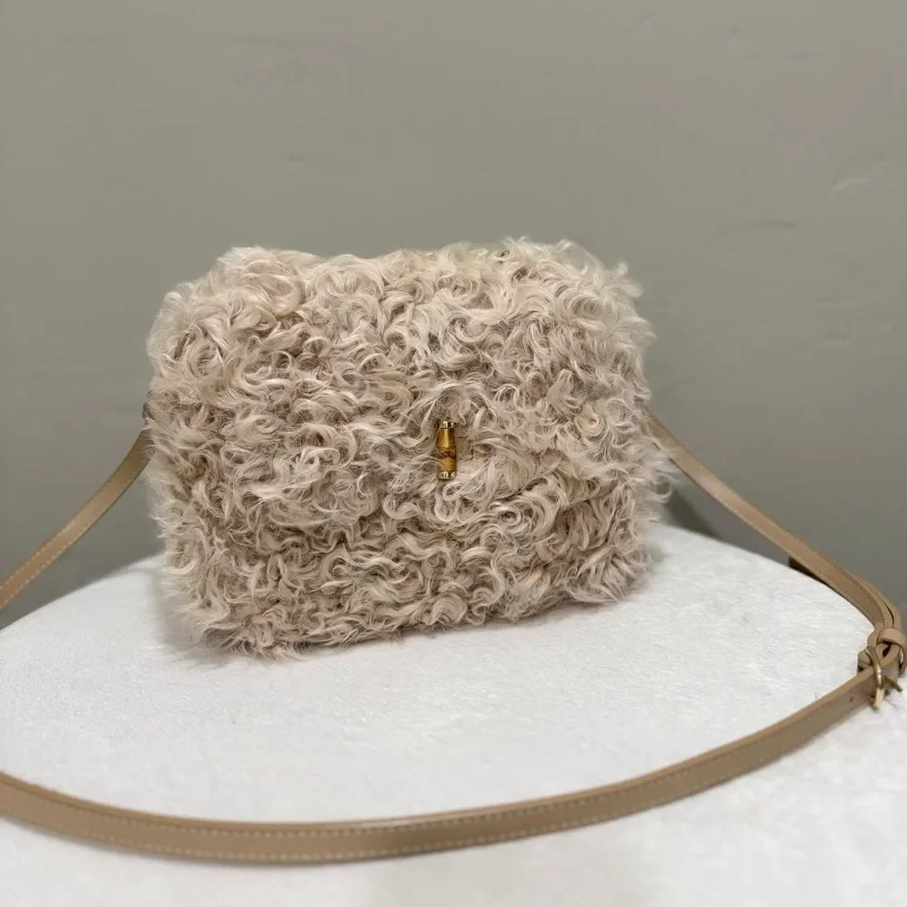 Beige Genuine Curly Shearling Top Handle & Fold Over Flap Purse, Crossbody